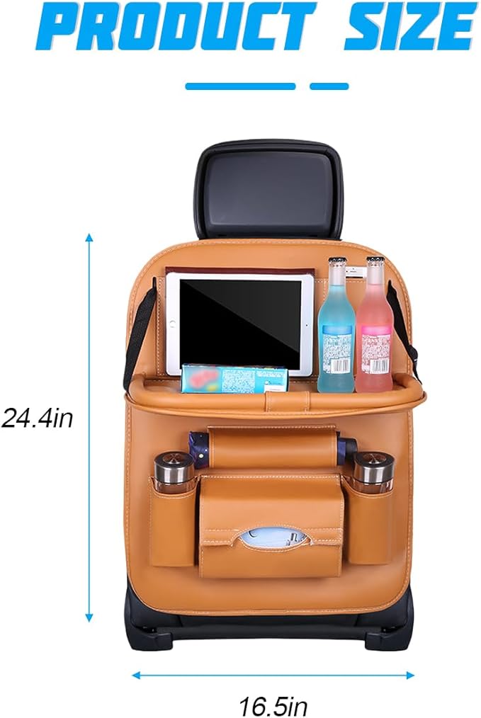 Car Seat Back Organizer, Leather Vehicle Seatback Storage Pocket with Foldable Table Tray, Multifunctional Automotive Backsea