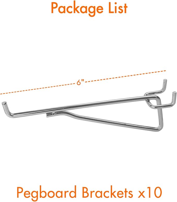 G.CORE Pegboard Shelf Hooks, 10-Pack 6" Silver Peg Board Brackets, 1/4" Peg Board Organizer Accessories, Peg Hooks Assortment