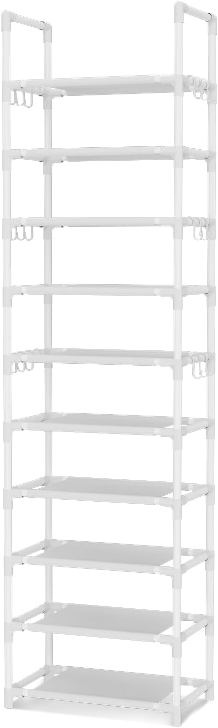 VTRIN 10 Tiers Tall Shoe Rack Holds 20-25 Pairs of Shoes Sturdy Vertical Shoe Organizer with 18pcs Hooks Stackable Narrow Sho