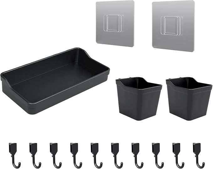 Pegboard Wall Organization Accessories Pack - 25 Pieces of White Hooks, Storage Bins & Fastening Strips(Black)