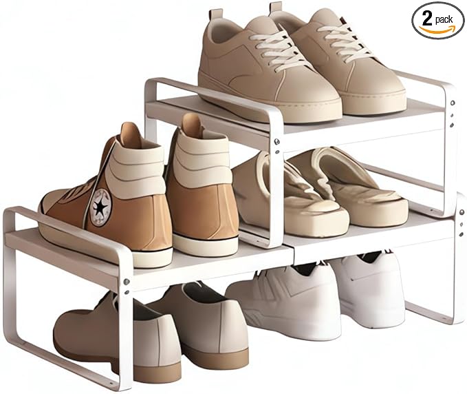 Expandable 1-Tier Metal Shoe Rack (H:7"), Adjustable Width 14.9"-23.6", Heavy-Duty Stackable Free-Standing Shoe Shelf for Clo