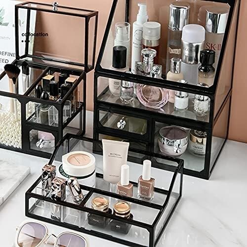 Large Capacity Makeup Organizer with Drawer & Rhinestone Handle, Transparent Dustproof Lipstick Jewelry Storage Case, Cosmeti