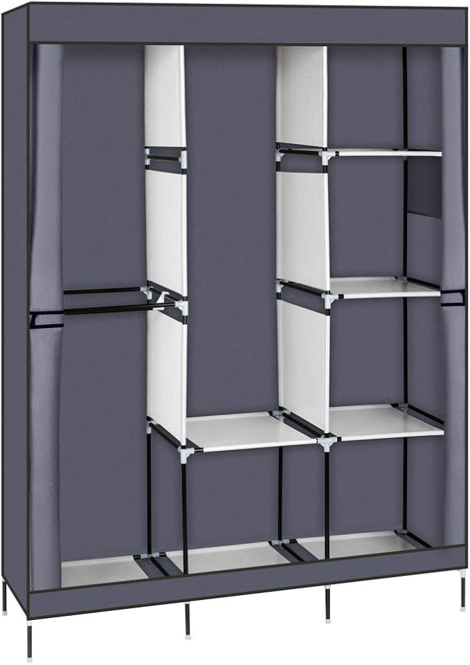 Karlhome 4-Tiers 8 Compartment Canvas Wardrobe, Portable Wardrobe Fabric Wardrobe with Shelves and Cover for Hanging Clothes,