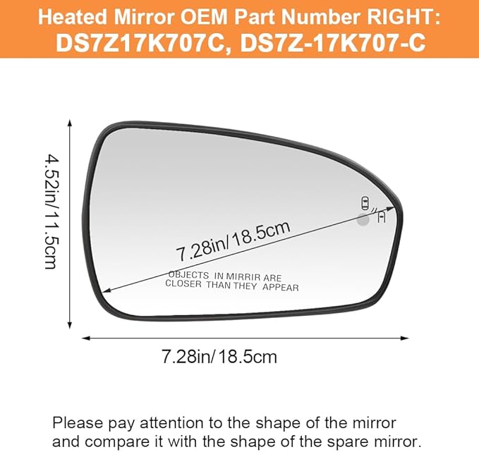 Senzeal Passenger Side Heated Mirror Glass with Blind Spot Detection BLIS for Ford Fusion 2013 2014 2015 2016 2017 2018 2019 2020 2021 DS7Z17K707C DS7Z-17K707-C (No Auto Dimming)(Right Side)