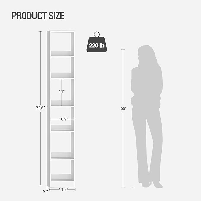 Hzuaneri Bookcase, Tall Narrow Bookshelf, Open Display Storage Shelf, Skinny Cube Book Shelf with Adjustable Shelves, CD Rack
