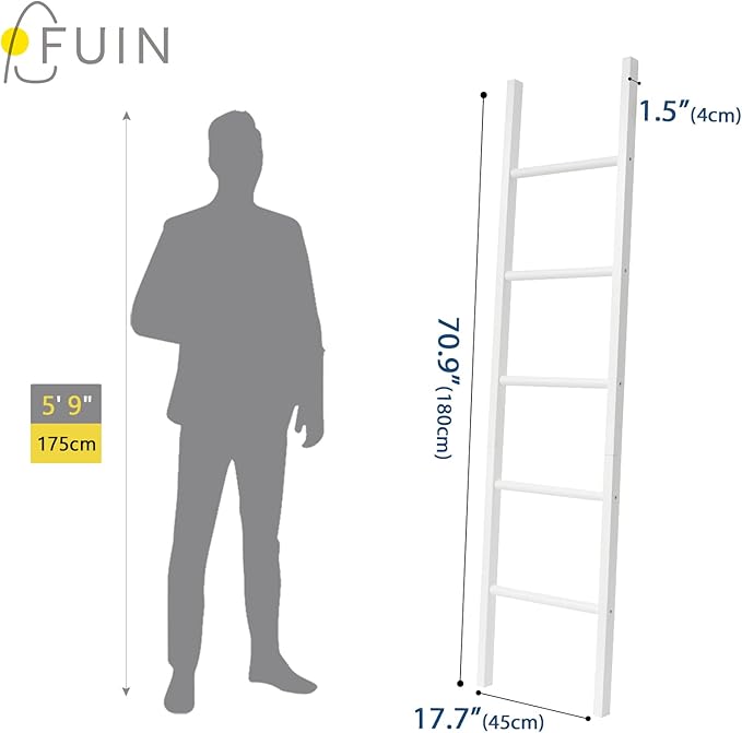 FUIN 6ft Wooden White Blanket Ladder Living Room Decorative Wall Leaning Farmhouse Quilt Display Holder Rustic Wood Towel Rac