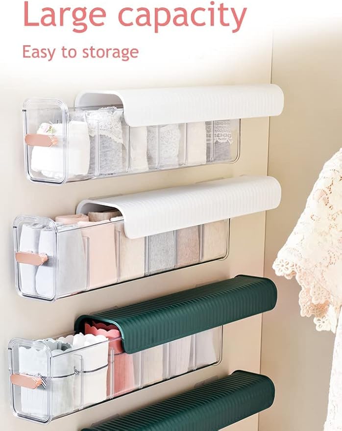 Socks Underwear Wall Mount Drawer Organizer, Switchable 6 Cell Drawer Acrylic Organizers Self-Adhesive Anti Dust Storage Boxe
