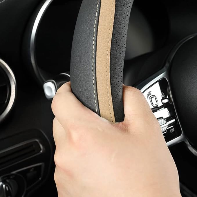 Car Steering Wheel Cover, Leather Steering Wheel Cover Beige Universal 14.5-15 Inch Microfiber Leather Anti-Slip Breathable A