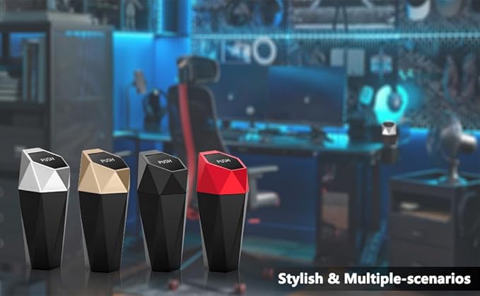 Ginsco Car Trash Can Cup Holder, 2 Pack Mini Car Trash Can with Lid, Car Accessories for Interior, Leakproof Small Trash Cup for Car, Home with Additional 2 ABS Hooks and 90pcs Trash Bags Golden