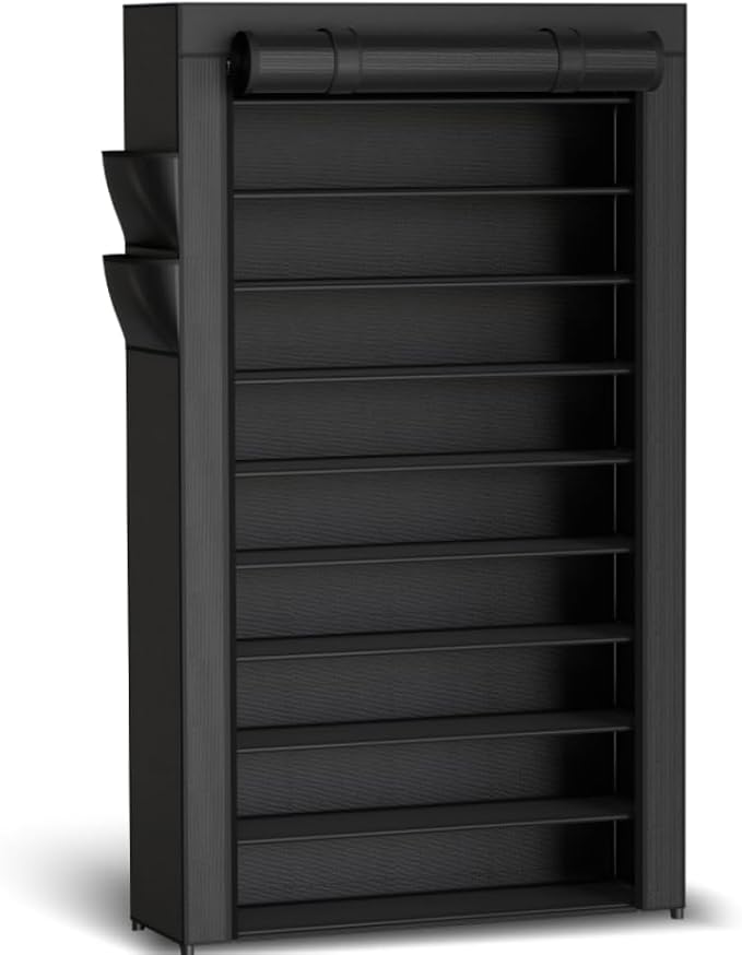 Kitsure Shoe Rack - 10-Tier Large Capacity Shoe Organizer Shelf with Dust Cover & Side Pockets, Rust-Proof Metal Shoe Rack fo