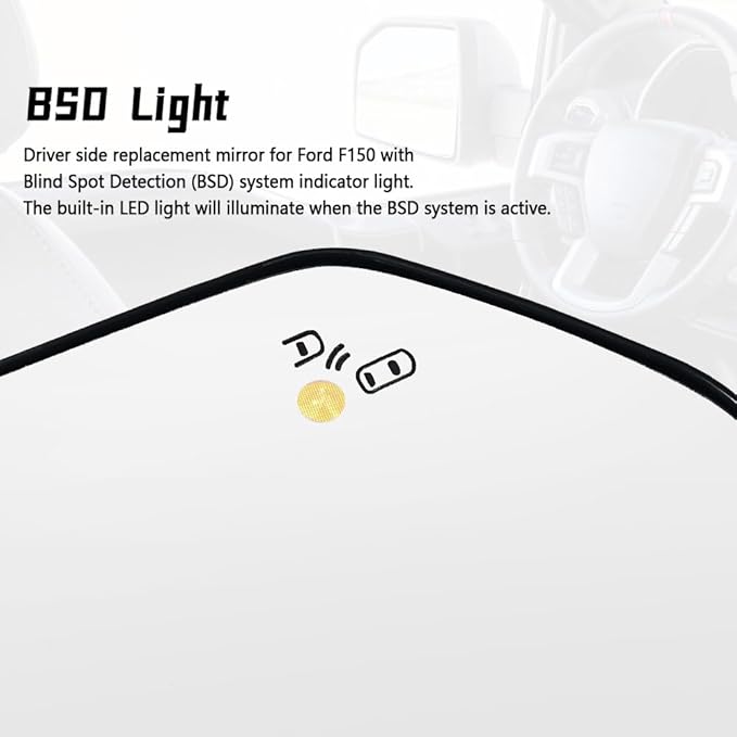 Driver Side Mirror Glass Replacement Compatible with Ford F150 2015-2020, Left Heated Blind Spot Detection Glass Replace # FL3Z-17K707-AH, with Back Plate