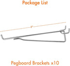 G.CORE Pegboard Shelf Hooks, 10-Pack 8" Silver Peg Board Brackets, 1/4" Peg Board Organizer Accessories, Peg Hooks Assortment