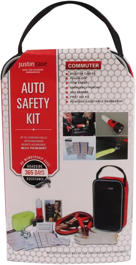 Justin Case Commuter Portable Roadside Emergency Car Kit with Heavy-Duty Jumper Cables & 365-Day Roadside Assistance