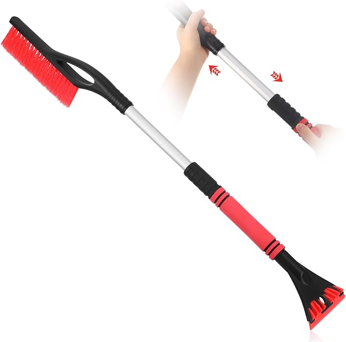 27"-33" Snow Brush and Detachable Ice Scraper with Ergonomic Foam Grip Scalable Range 27" Winter Accessories for Cars Trucks SUV(Red)