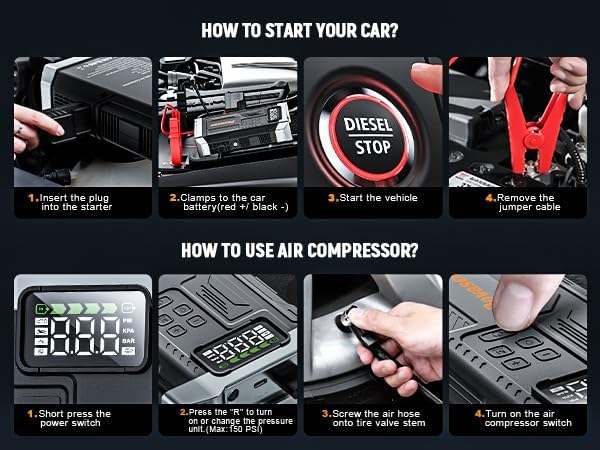 Povasee Jump Starter with Air Compressor 5000A Portable Jump Box up to 9L gas/8L Diesel,inflates Tires to 150PSI 12V Car