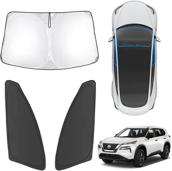 Karltys 3PCS Windshield Sun Shade for 2021-2025 Nissan Rogue, 210T Thickened Front and Side Window Sunshade Cover Custom Fit Rogue, Foldable Sun Visor Heat UV Blocker Keeps Your Car Cool