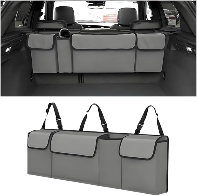 Car Trunk Organizer with Lid, Large Waterproof Vehicle Backseat Hanging Storage Bag with 4 Pockets & Adjustable Straps, Colla