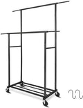 Fishat Stand Portable Black Double Rods Garment Clothes Rack with Rolling and Lockable Wheels Mobile, 48" W x 15" D x 67" H, 