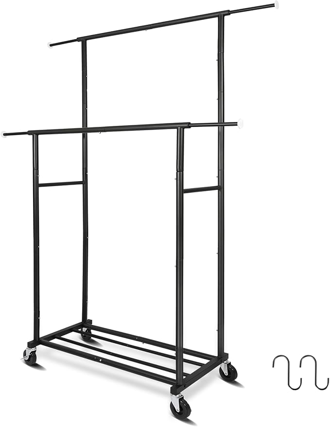 Fishat Stand Portable Black Double Rods Garment Clothes Rack with Rolling and Lockable Wheels Mobile, 48" W x 15" D x 67" H, 