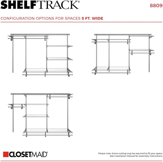 ClosetMaid ShelfTrack Wire Closet Organizer System, Adjustable from 5 to 8 Ft., With Shelves, Clothes Rods, Hardware, Durable