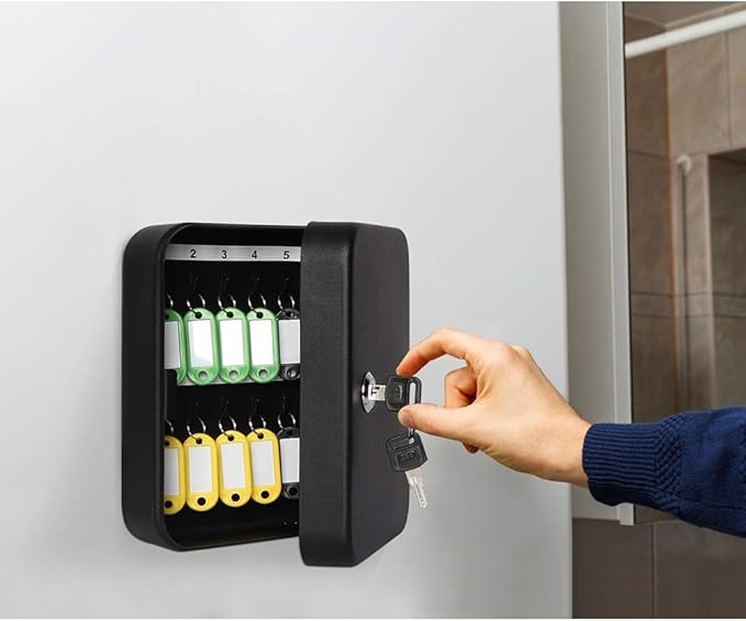 JSSMST Key Lock Box Wall Mount Security Cabinet, 20 Key Hooks & Tags, 7.87 x 6.3 x 2.95 Inches, Black Matt