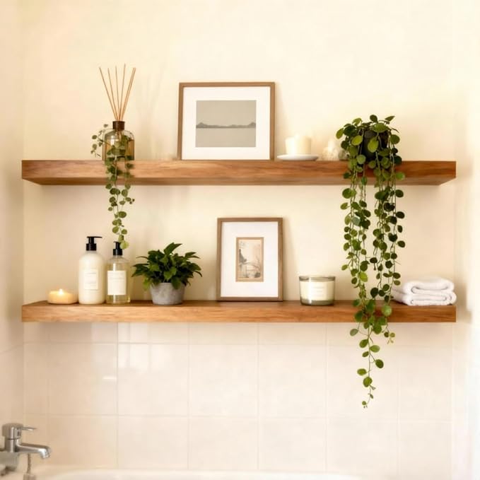 ROGMARS 36 Inches Long Walnut Floating Shelves,Rustic Solid Wood Farmhouse Wall Shelves with Invisible Brackets for Bathroom,
