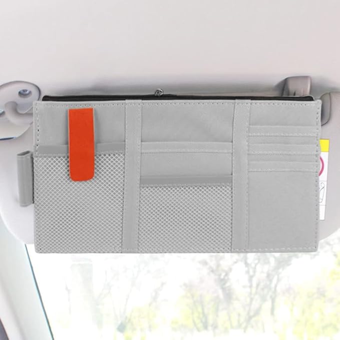 Unifizz Car Sun Visor Organizer, Auto Travel Registration and Document Holder, Vehicle Visor Multi-Pocket Storage Pouch with Net Zipper, Automotive Interior Accessories for Car, Truck, SUV (Gray)