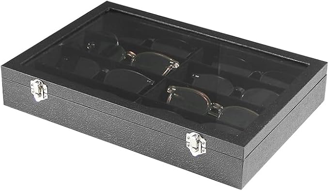 Coward Sunglass Organizer Tray Box, Black Velvet Grids Eyeglasses Display Tray Case with Transparent Glass Lid for Home Use o
