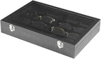 Coward Sunglass Organizer Tray Box, Black Velvet Grids Eyeglasses Display Tray Case with Transparent Glass Lid for Home Use o