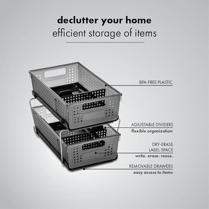 madesmart Two-Tier Under Cabinet Organizer, Sliding Drawer Storage for Cleaning Supplies & Bottles, Carbon