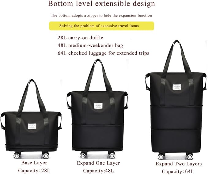 Expandable Foldable Duffel Bag with Detachable Wheels, 64L Large Capacity Rolling Travel Duffle Bag, Lightweight Carry on Luggage with Spinner Wheels, Weekend Gym Tote Bag (Black)