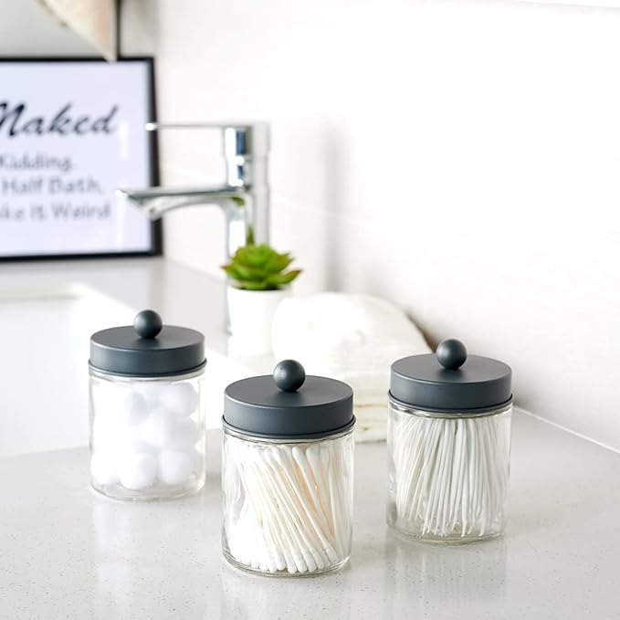 Amolliar 4 Pack Apothecary Jars Bathroom Vanity Storage Organizer Set -Countertop Canister with Stainless Steel Lids &Cute St