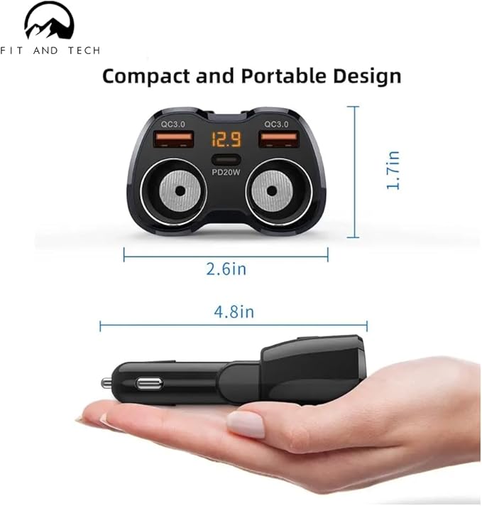 USB Car Charger Pro Combo 2 Sockets Cigarette Lighter Splitter 12/24V 80W Dual USB Type-C Ports Separate Switch LED Voltage Display Built-in Replaceable 10A Fuse Compatible Mobile Phone GPS Dash Cam