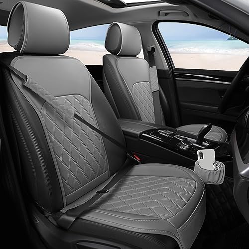 Sanwom Front Car Seat Covers - Leather Seat Covers with Storage Pocket and Two Belt Pads, Anti-Slip Waterproof Universal Seat