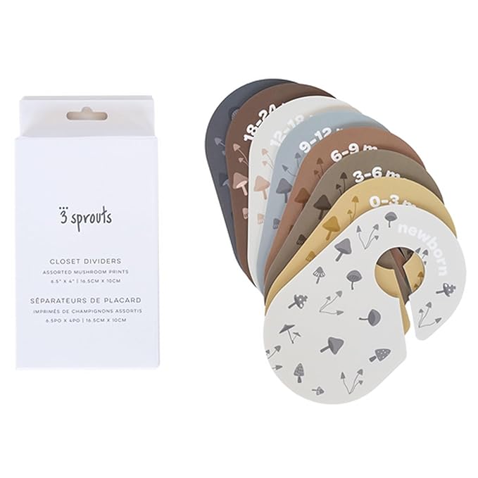 3 Sprouts Baby Closet Dividers 8-Piece Set Newborn to 2T - Double-Sided Organizer for Nursery Clothing Storage - Mushroom