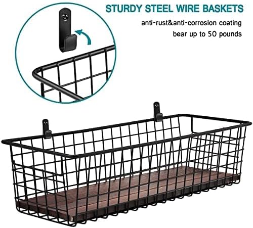 SheeChung 2 Set [Extra Large] Portable Metal Farmhouse Wall Decor Storage Organizer Basket Bin with Handles & Floating Shelve