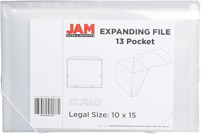 JAM PAPER Accordion Folders - 13 Pocket Plastic Expanding File - Legal Size - 10 x 15 - Clear - Sold Individually