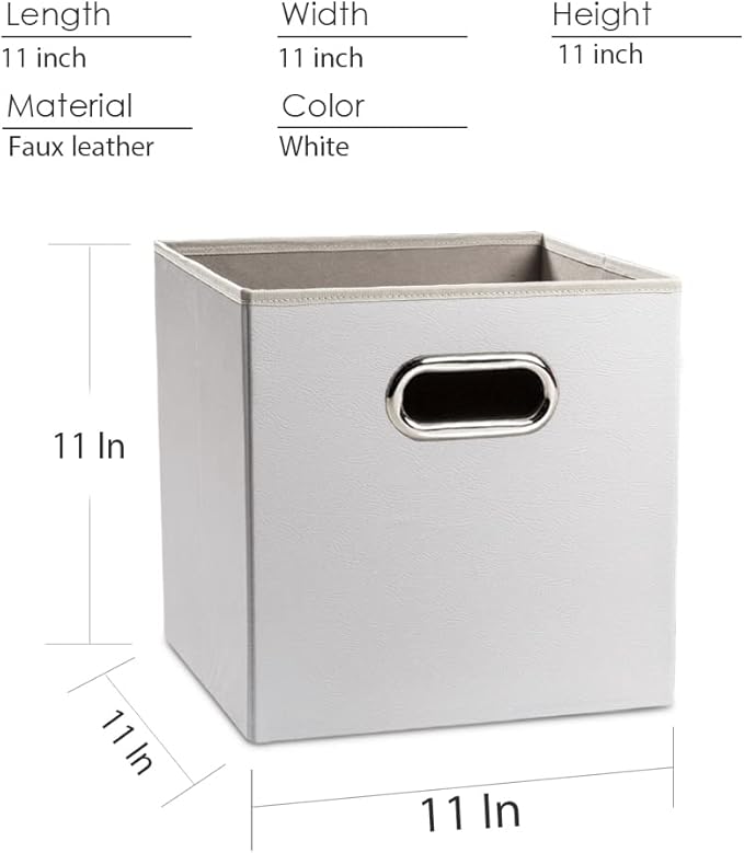 PRANDOM Leather Foldable Cube Storage Bins 11x11 inch [2-Pack] Fabric Storage Baskets Cubes Drawer with Cotton Handles Organi