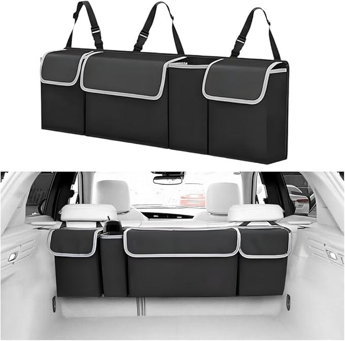 Car Trunk Organizer with Lid, Large Waterproof Vehicle Backseat Hanging Storage Bag with 4 Pockets & Adjustable Straps, Colla