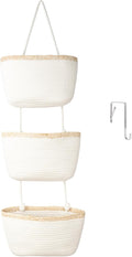 TeoKJ Over the Door Hanging Basket, 3-Tier Woven Cotton Wall-Mounted Storage Organizer Bag Decorative Hanging Nursery Baskets