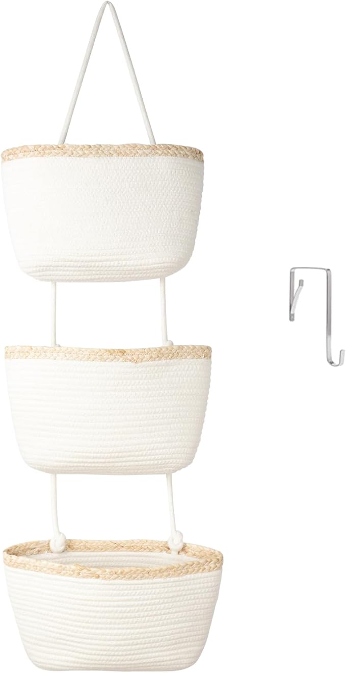 TeoKJ Over the Door Hanging Basket, 3-Tier Woven Cotton Wall-Mounted Storage Organizer Bag Decorative Hanging Nursery Baskets