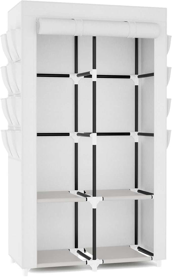 Portable Closet for Hanging Clothes, Portable Wardrobe Closet with Cover, 4 Storage Shelves, 2 Hanging Rods and 8 Side Pocket
