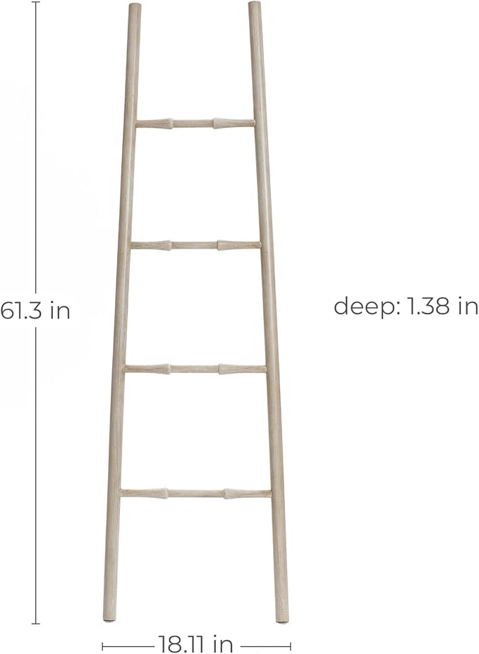 LuxenHome Rustic Blanket Ladder, 61'' Birch Wood 4-Rung Blanket Ladder, Farmhouse Towel Rack Stand for Bathroom Living Room D