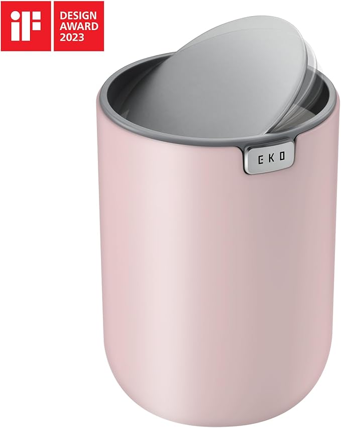 EKO Fandy 0.4 Gal/1.5L Mini Tabletop Trash Bin with Swing-Lid, Desktop Trash Can for Bathroom Countertop, Vanity, Coffee or Office, Small Garbage Bin (Pink)