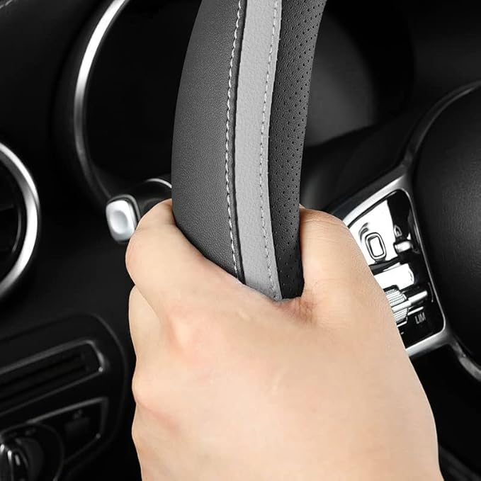 Car Steering Wheel Cover, Leather Steering Wheel Cover Grey Universal 14.5-15 Inch Microfiber Leather Anti-Slip Breathable Au