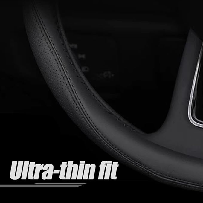 Carodi Latest Nappa Leather car Steering Wheel Cover, Stylish Non-Slip Leather car Interior 15 inches Universal (D-Shape,Blac