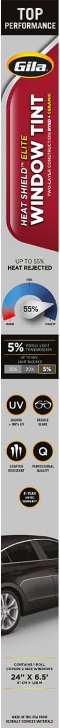 Gila Heat Shield Elite 5% VLT Automotive Ceramic DIY Window Tint Advanced Heat Control Glare Control 2ft x 6.5ft (24in x 78in), Limo Black