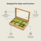 pandapark Wooden Jewelry Box with Glass Lid, Multi-Compartment Storage Display Case, Walnut Brown (Green Cherry)
