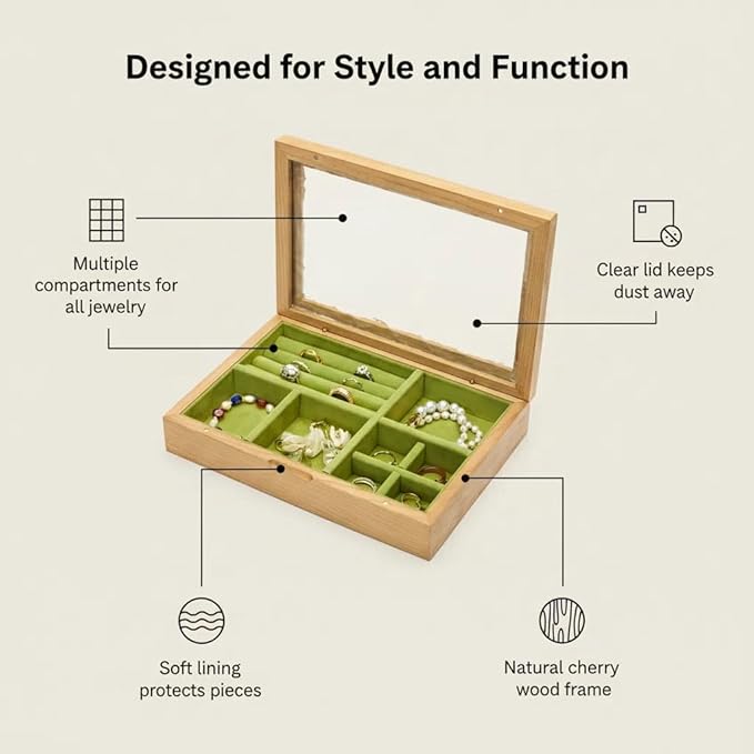 pandapark Wooden Jewelry Box with Glass Lid, Multi-Compartment Storage Display Case, Walnut Brown (Green Cherry)