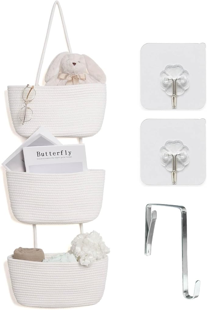 ANTIS'S HOME Over The Door Organizer Hanging Basket, 3-Tier Woven Cotton Wall-Mounted Nursery Storage Organizer Bag Boho Deco